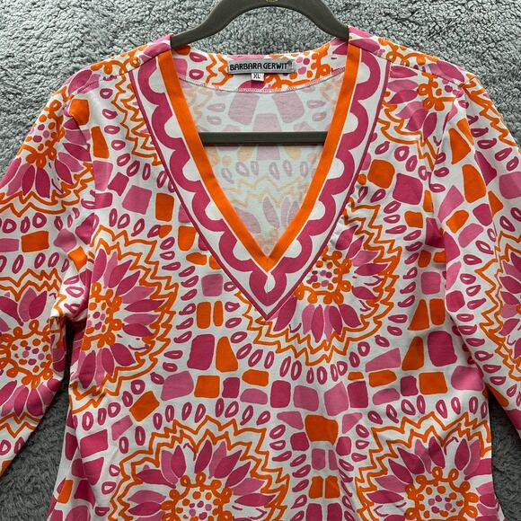 Barbara Gerwit Women's XL Colorful V-Neck Top Orange Pink Fun Bright Vacation - Picture 2 of 7
